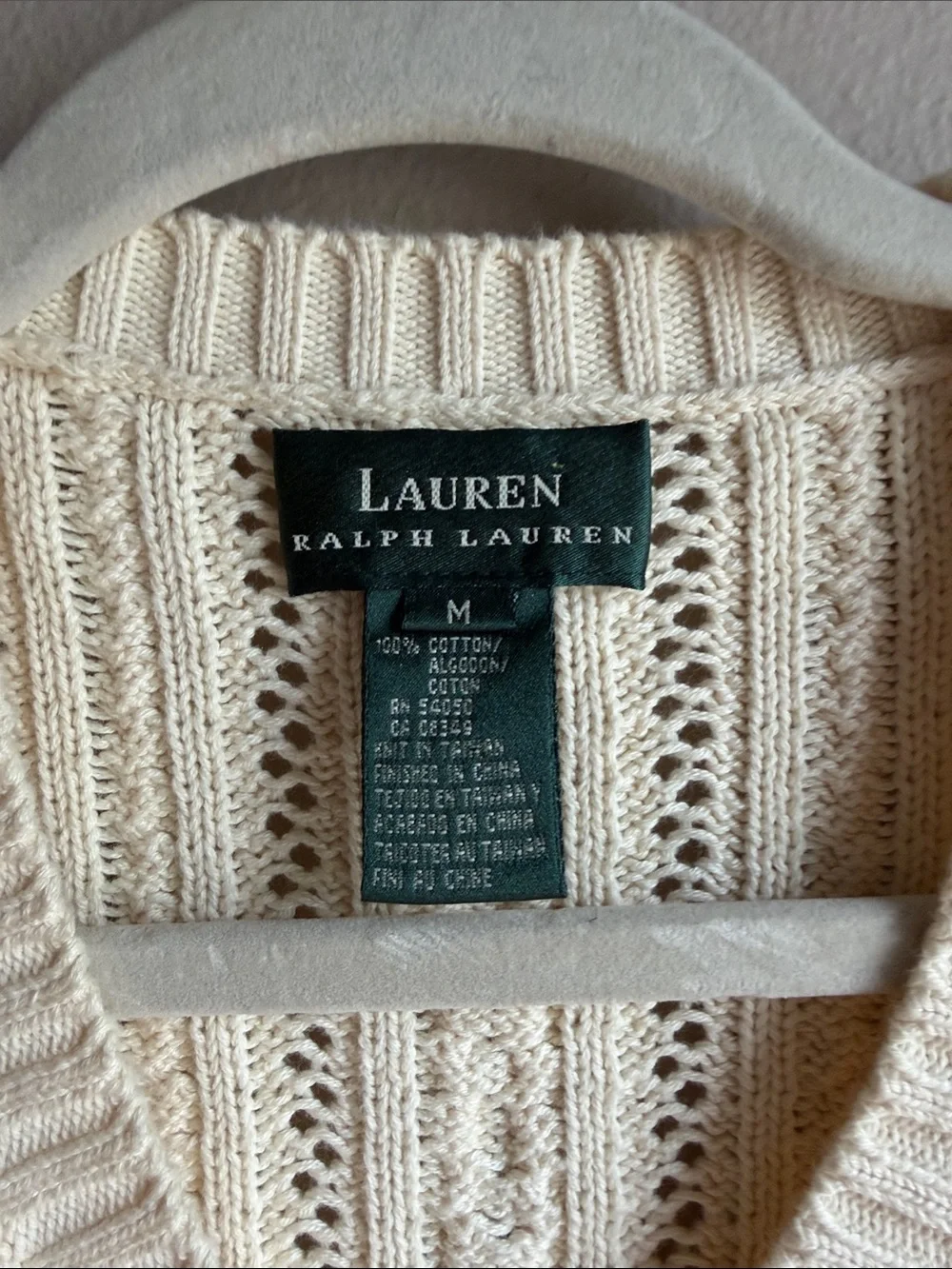 Lauren Ralph Lauren Ivory Cable-Knit V-Neck Sweater 100% Cotton - Picture 3 of 7